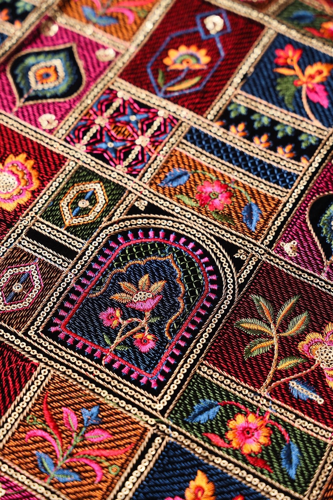 Gorgeous Multi Color Thread With Sequins Traditional Embroidery Work On Black Velvet Fabric - doeraa