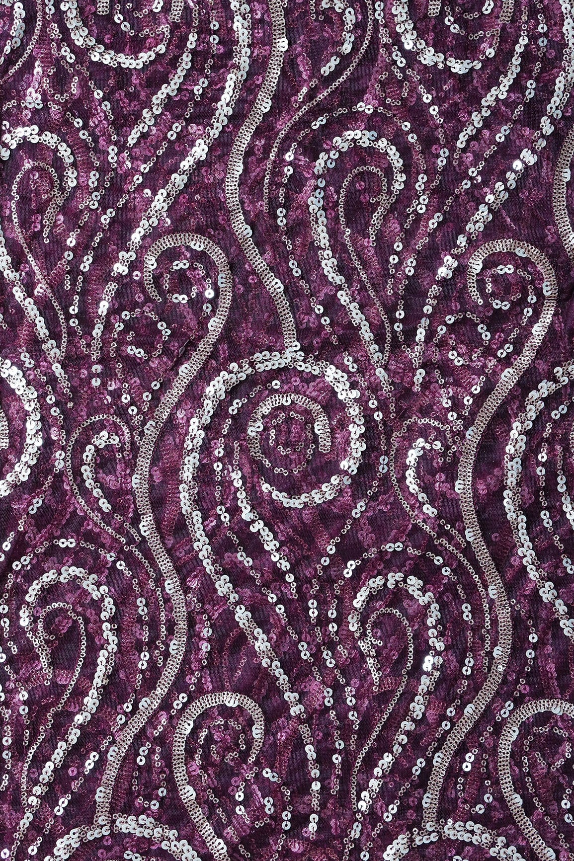 Gorgeous Multi Sequins Geometric Embroidery On Wine Soft Net Fabric - doeraa
