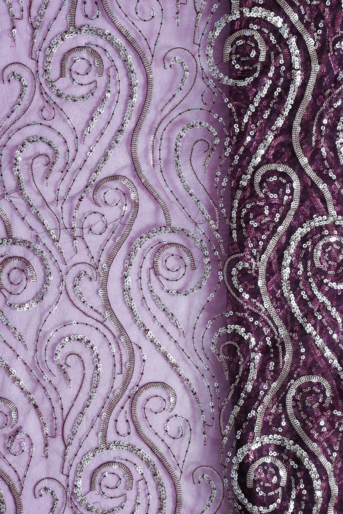 Gorgeous Multi Sequins Geometric Embroidery On Wine Soft Net Fabric - doeraa