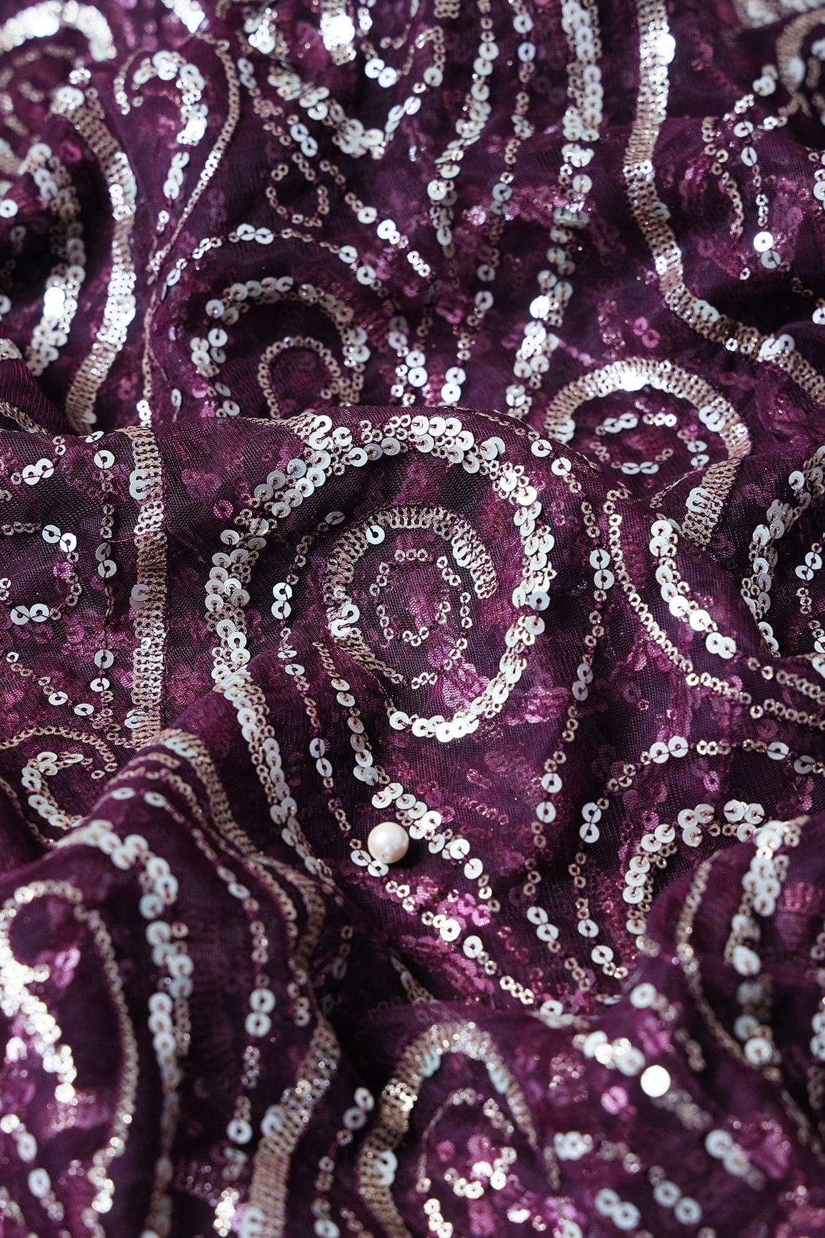 Gorgeous Multi Sequins Geometric Embroidery On Wine Soft Net Fabric - doeraa