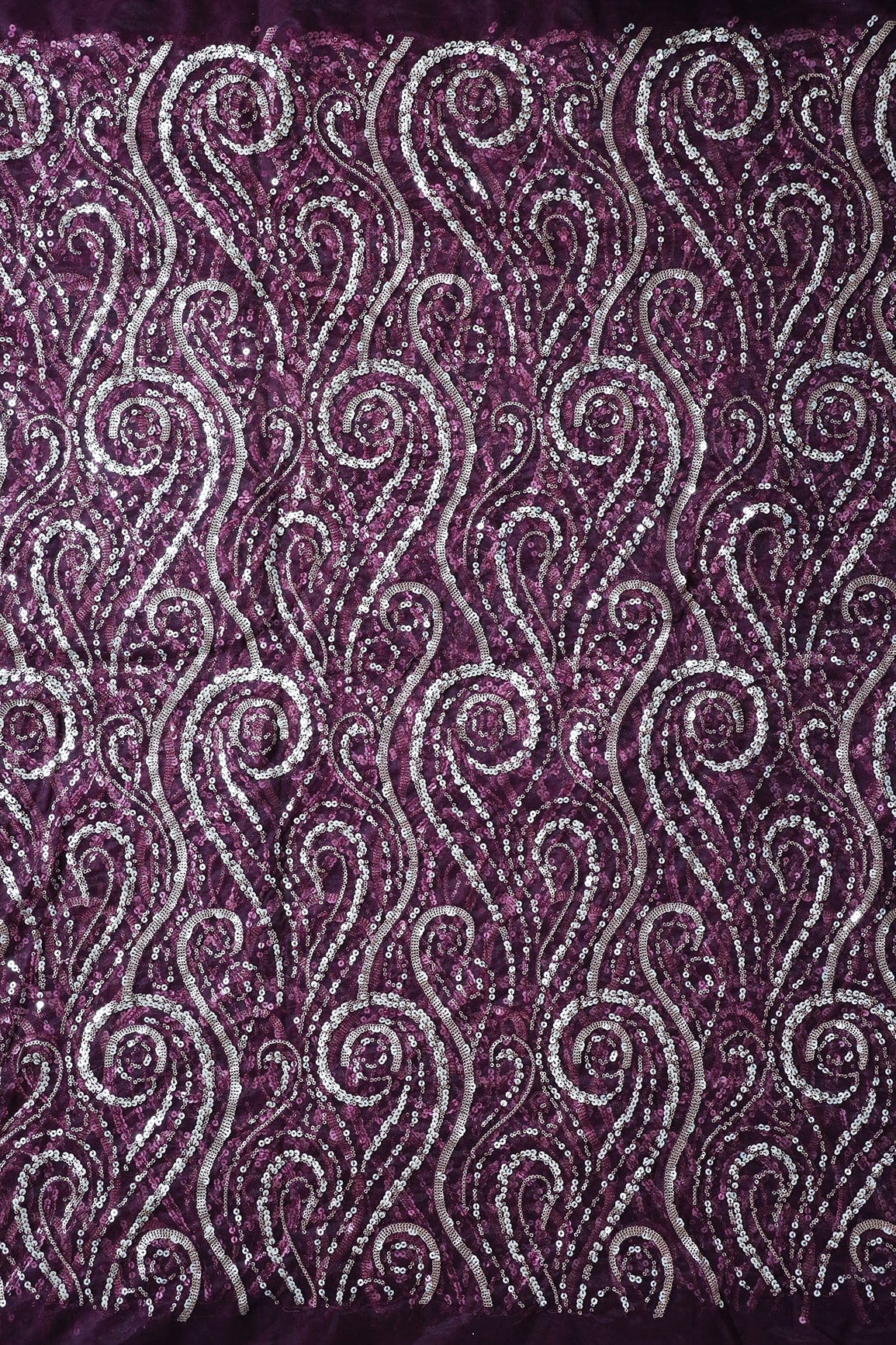 Gorgeous Multi Sequins Geometric Embroidery On Wine Soft Net Fabric - doeraa