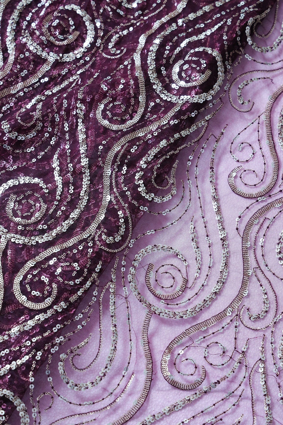 Gorgeous Multi Sequins Geometric Embroidery On Wine Soft Net Fabric - doeraa