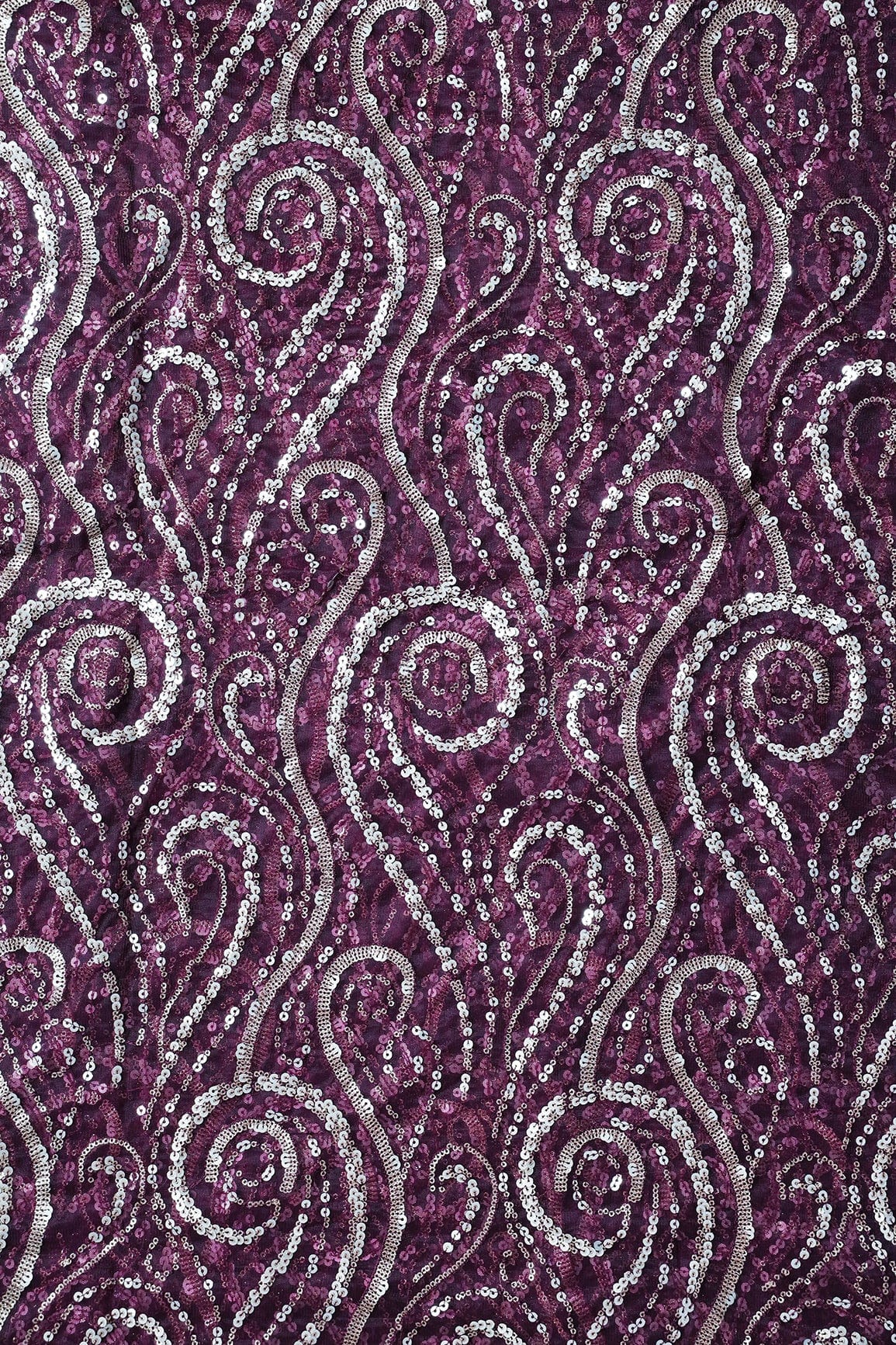 Gorgeous Multi Sequins Geometric Embroidery On Wine Soft Net Fabric - doeraa