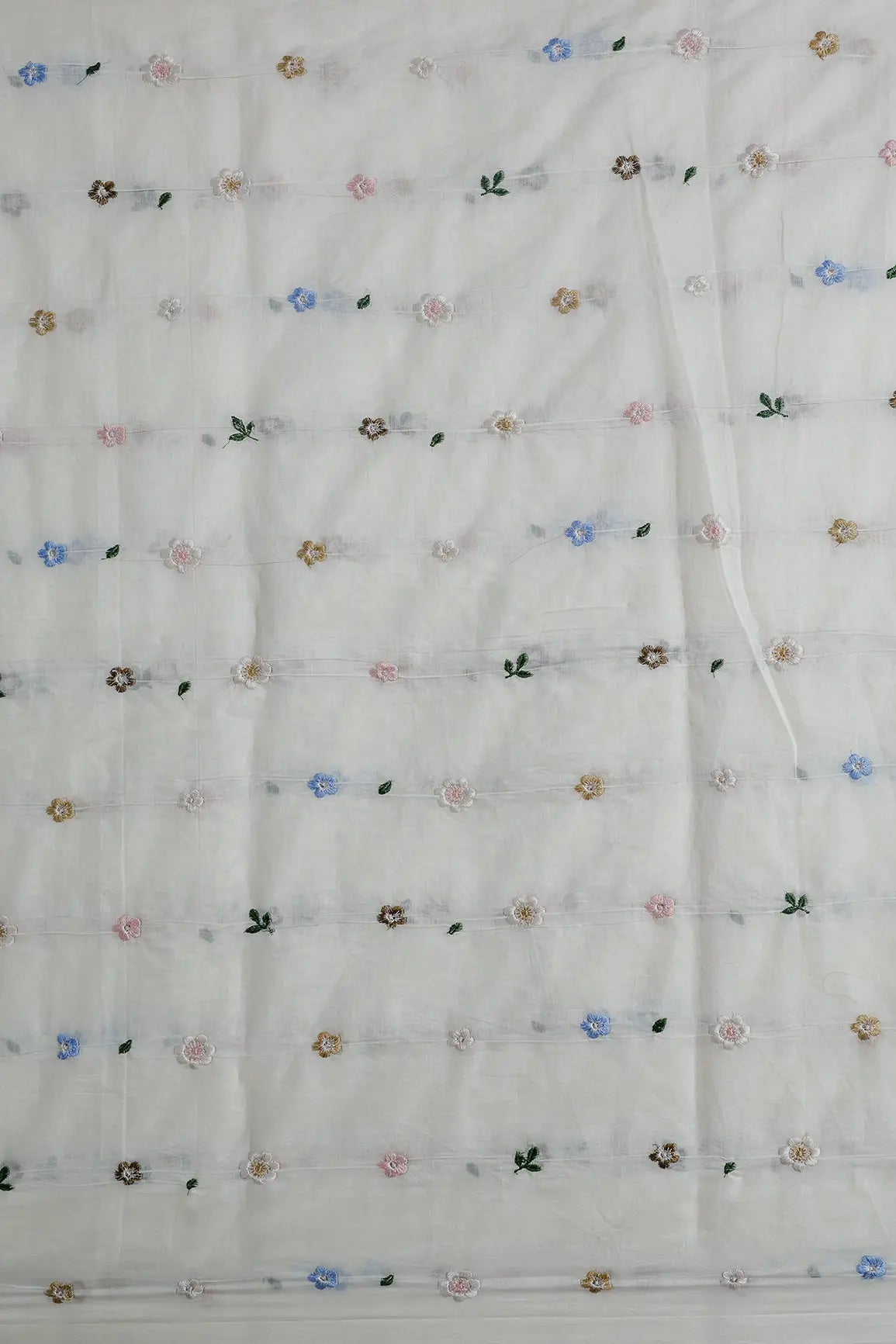 Gorgeous Multi Thread Floral Embroidery Work On Off White Pure Mul Chanderi Silk Fabric - doeraa