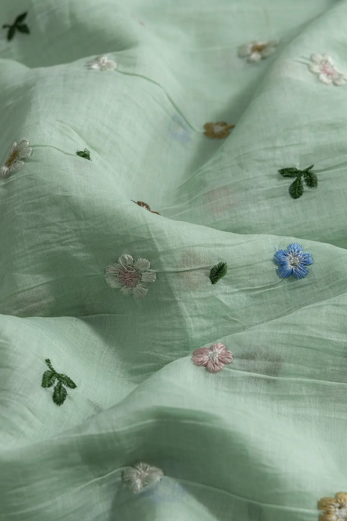 Gorgeous Multi Thread Floral Embroidery Work On Pastel Green Pure Mul Chanderi Silk Fabric - doeraa
