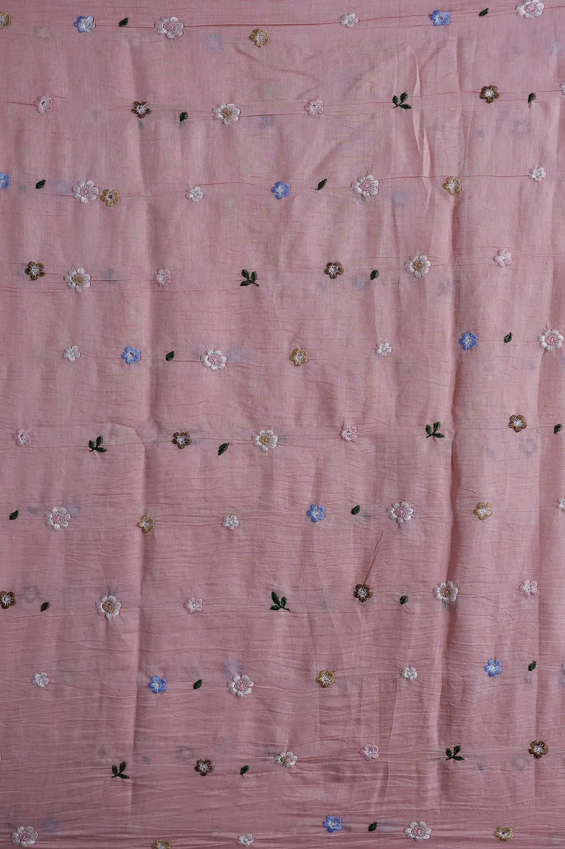 Gorgeous Multi Thread Floral Embroidery Work On Pastel Pink Pure Mul Chanderi Silk Fabric - doeraa