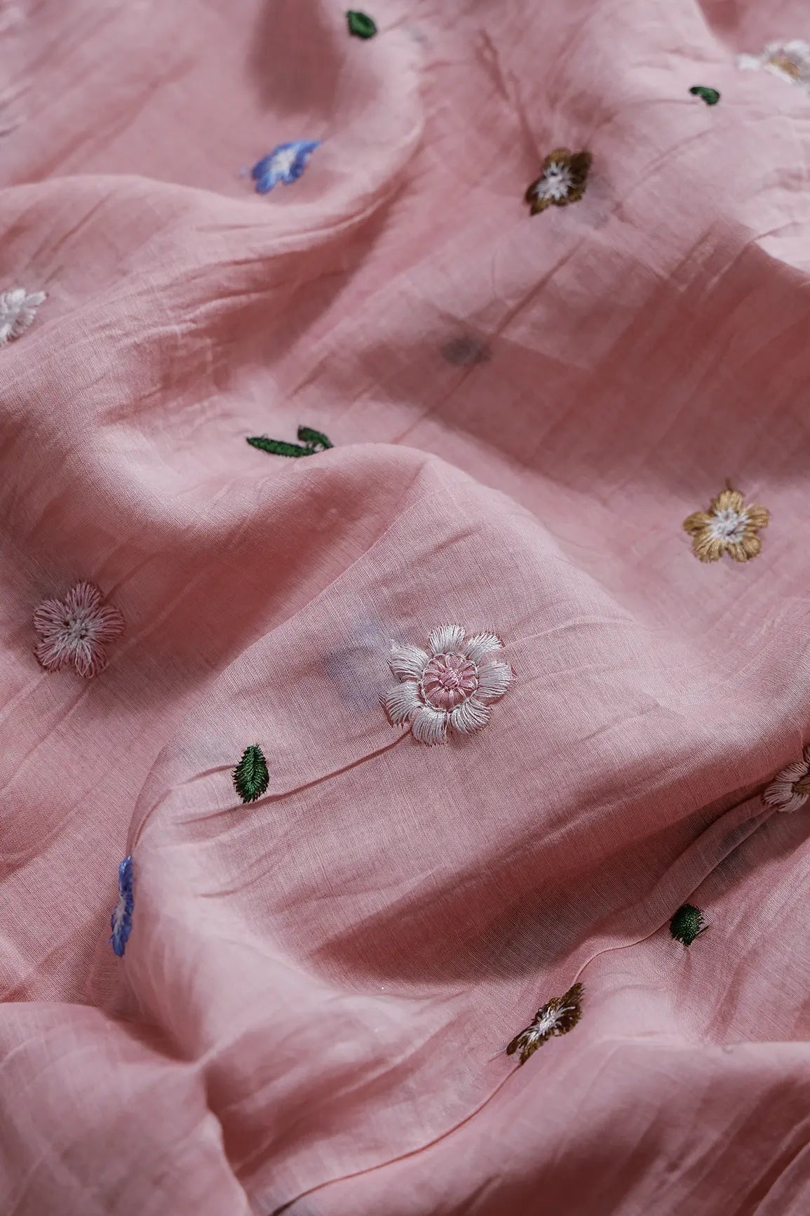 Gorgeous Multi Thread Floral Embroidery Work On Pastel Pink Pure Mul Chanderi Silk Fabric - doeraa