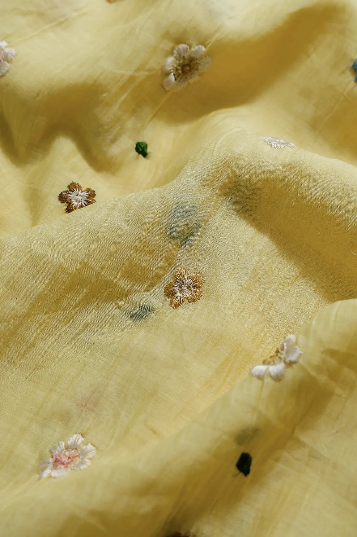 Gorgeous Multi Thread Floral Embroidery Work On Pastel Yellow Pure Mul Chanderi Silk Fabric - doeraa