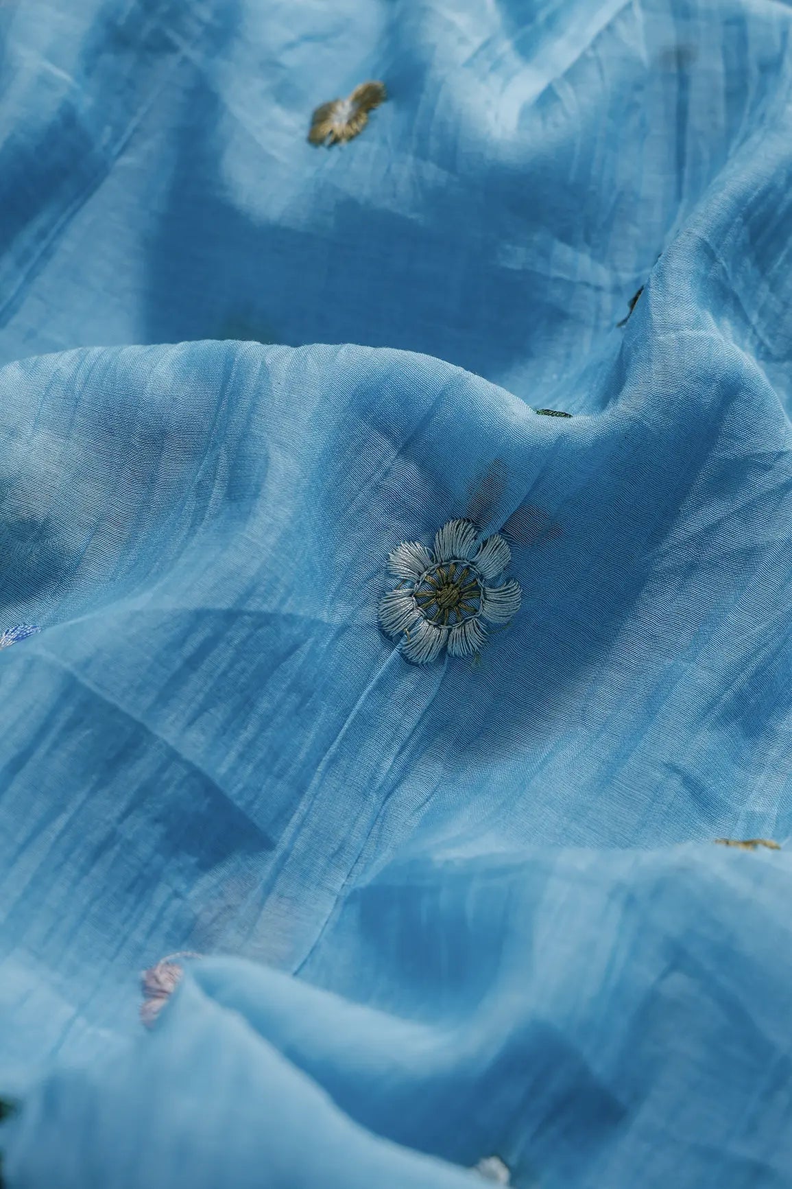 Gorgeous Multi Thread Floral Embroidery Work On Sky Blue Pure Mul Chanderi Silk Fabric - doeraa