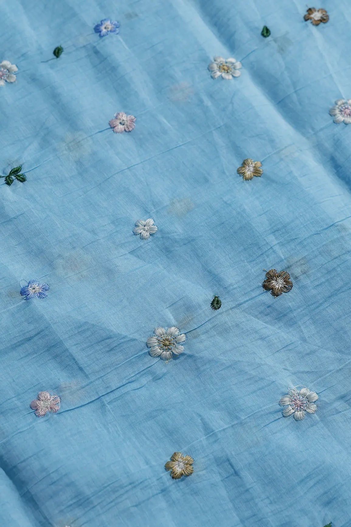 Gorgeous Multi Thread Floral Embroidery Work On Sky Blue Pure Mul Chanderi Silk Fabric - doeraa