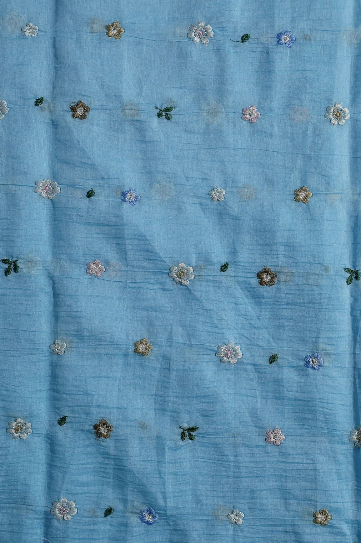Gorgeous Multi Thread Floral Embroidery Work On Sky Blue Pure Mul Chanderi Silk Fabric - doeraa