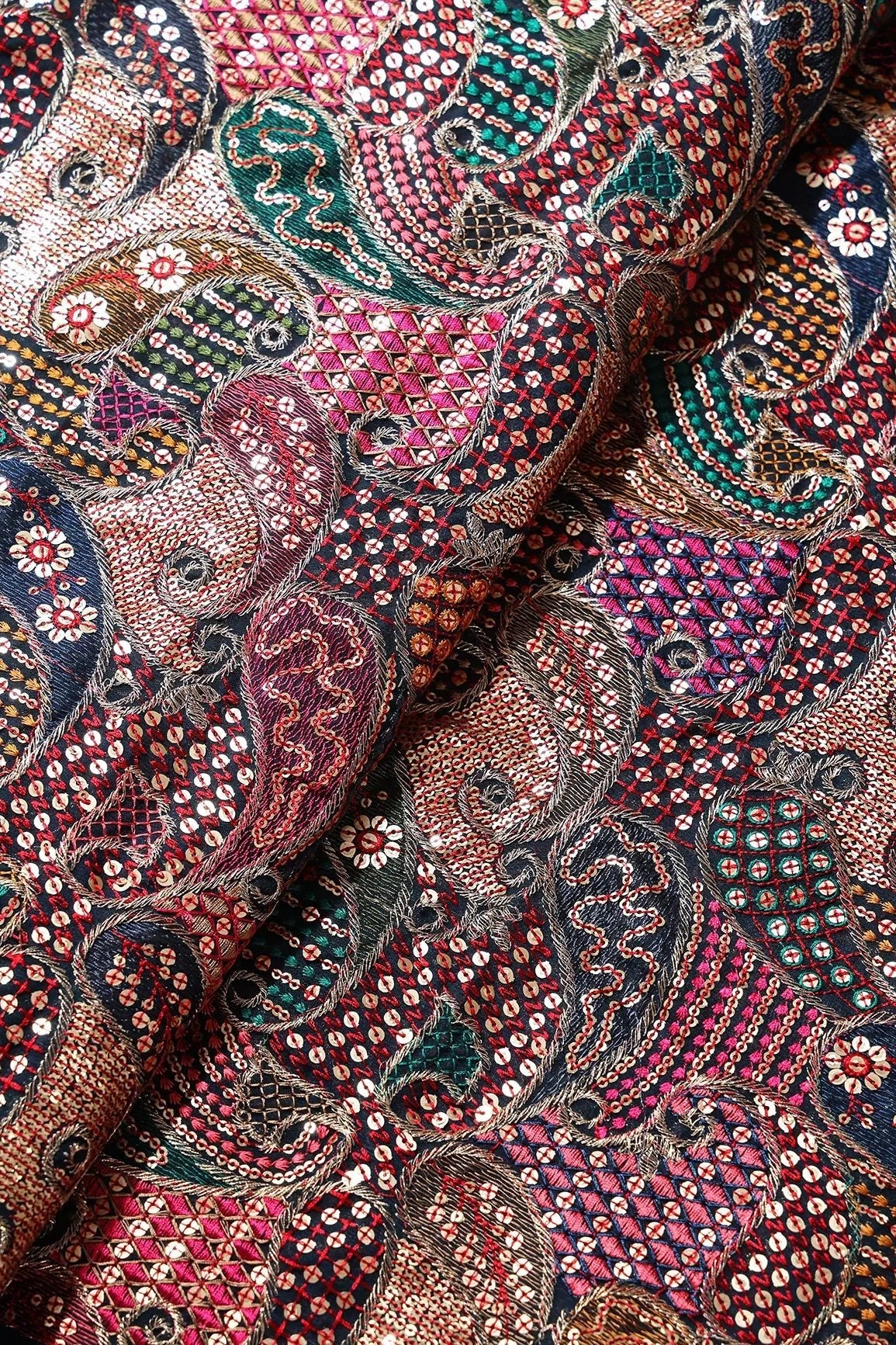Gorgeous Multi Thread With Gold Sequins Paisley Heavy Embroidery On Prussian Blue Georgette Fabric - doeraa
