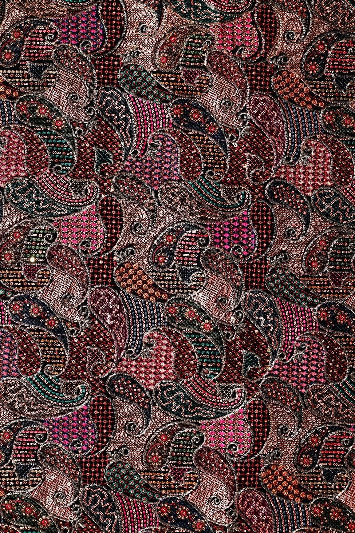Gorgeous Multi Thread With Gold Sequins Paisley Heavy Embroidery On Wine Georgette Fabric - doeraa