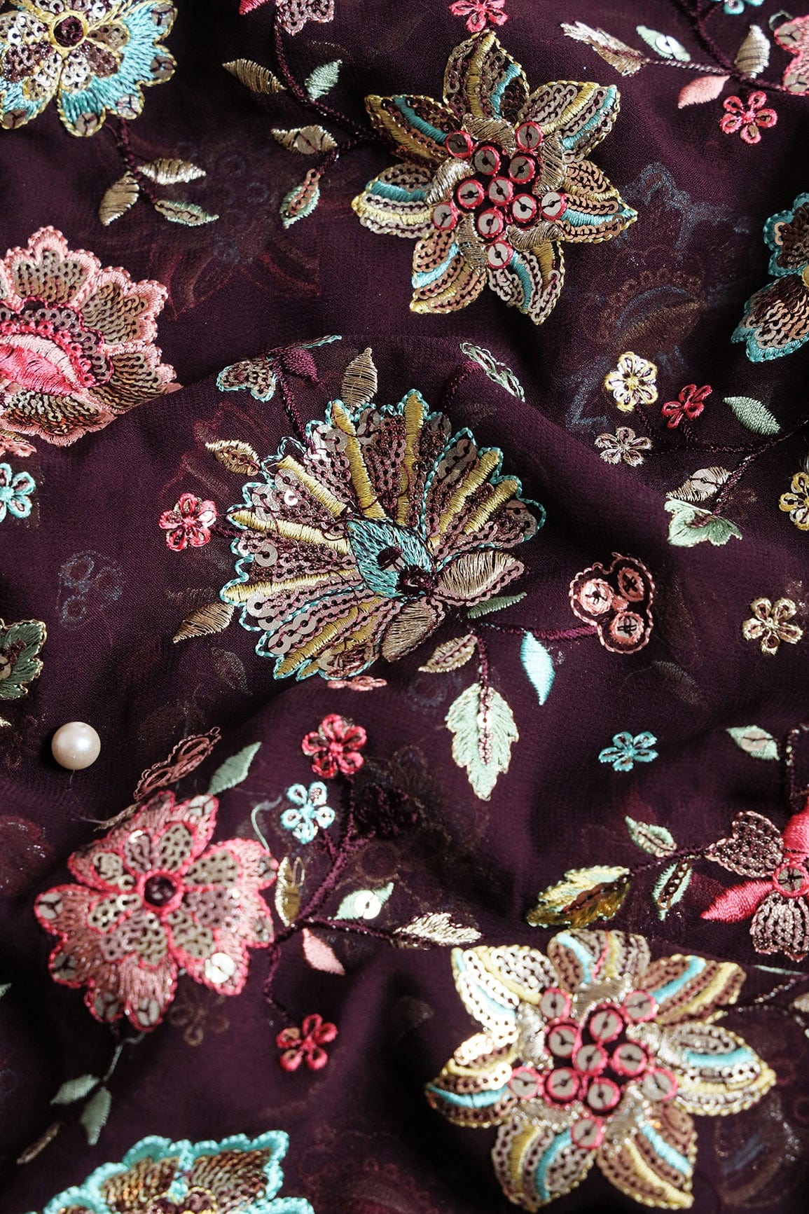 Gorgeous Multi Thread With Sequins Floral Embroidery On Wine Viscose Georgette Fabric - doeraa