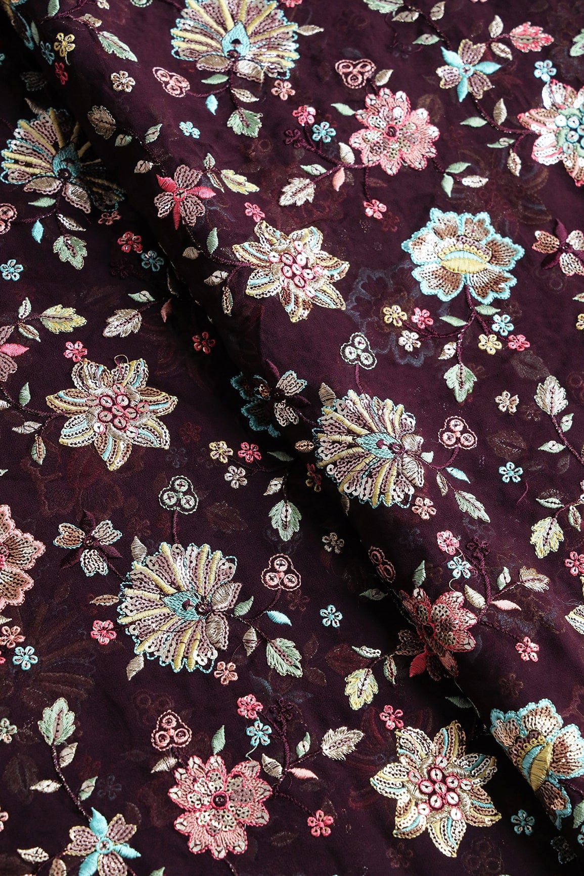 Gorgeous Multi Thread With Sequins Floral Embroidery On Wine Viscose Georgette Fabric - doeraa