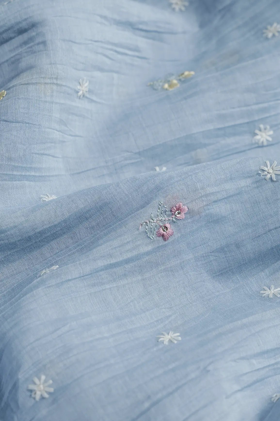 Gorgeous Multi Thread With Sequins Floral Embroidery Work On Pastel Blue Pure Mul Chanderi Silk Fabric - doeraa