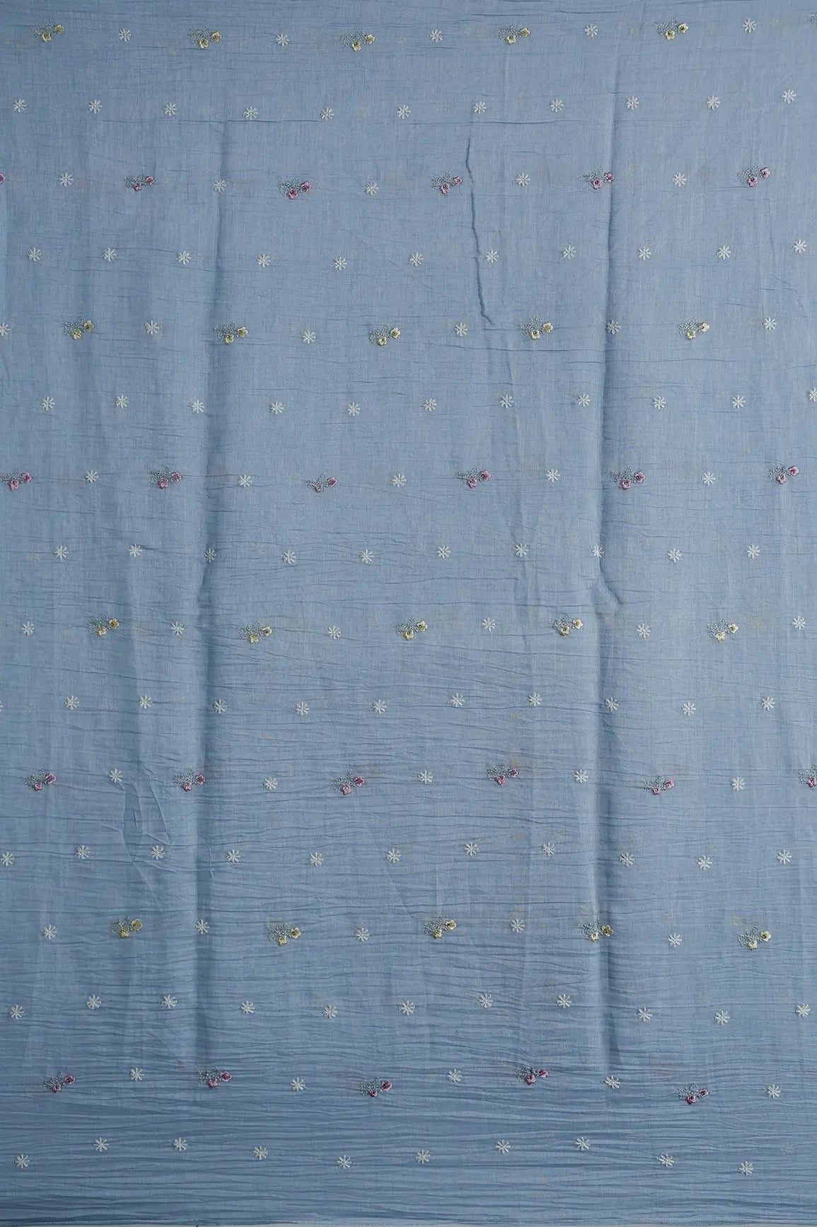 Gorgeous Multi Thread With Sequins Floral Embroidery Work On Pastel Blue Pure Mul Chanderi Silk Fabric - doeraa