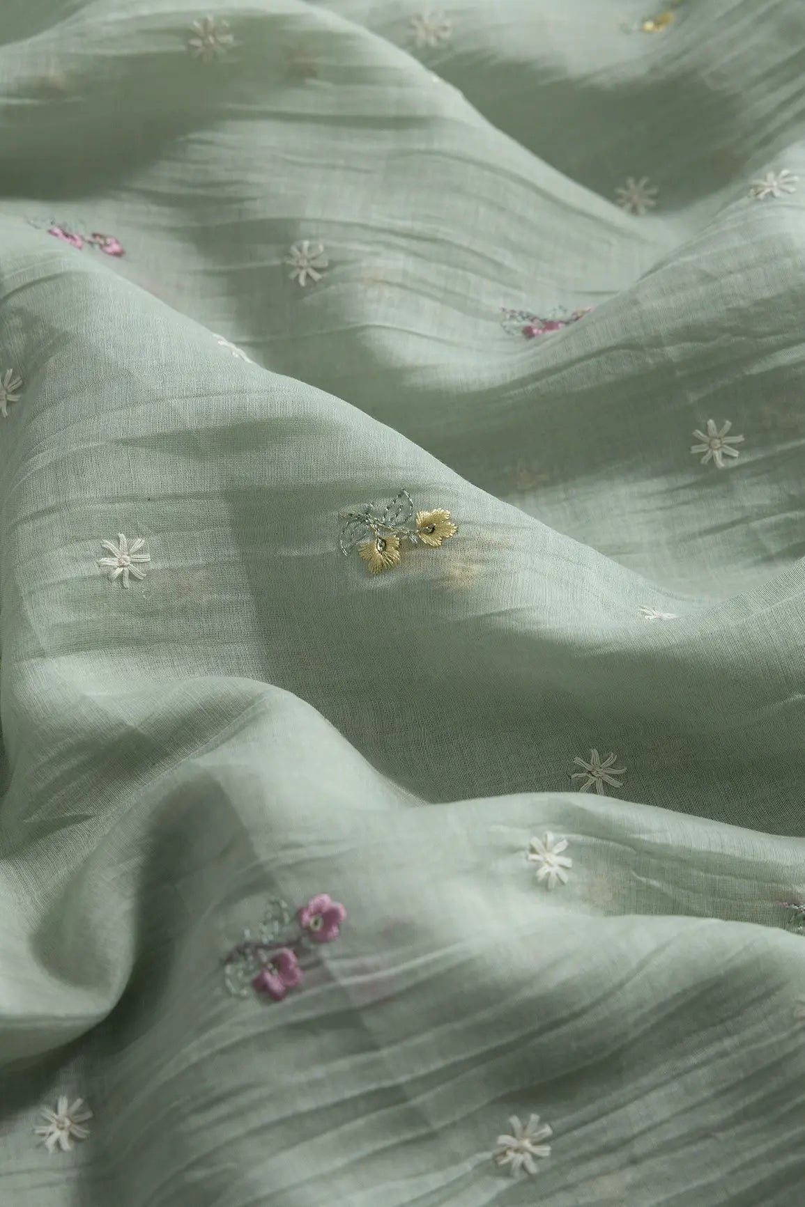 Gorgeous Multi Thread With Sequins Floral Embroidery Work On Pastel Olive Green Pure Mul Chanderi Silk Fabric - doeraa