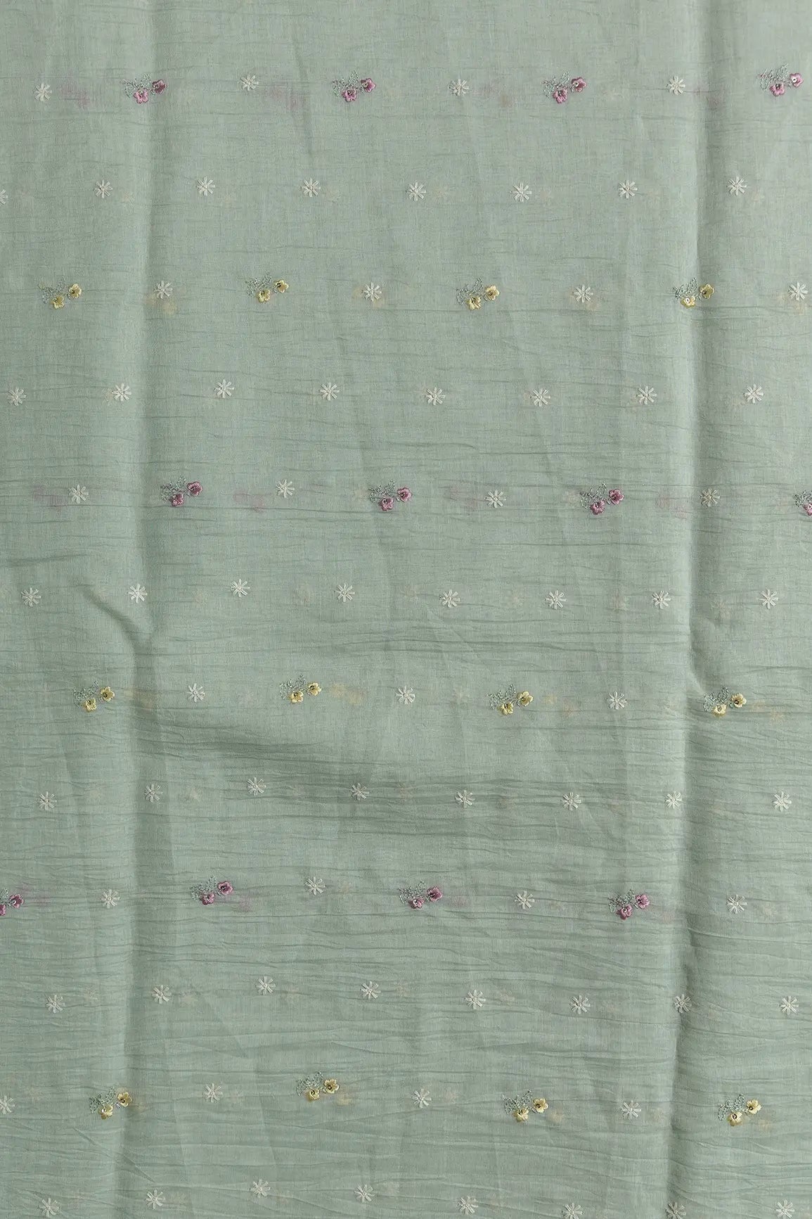 Gorgeous Multi Thread With Sequins Floral Embroidery Work On Pastel Olive Green Pure Mul Chanderi Silk Fabric - doeraa