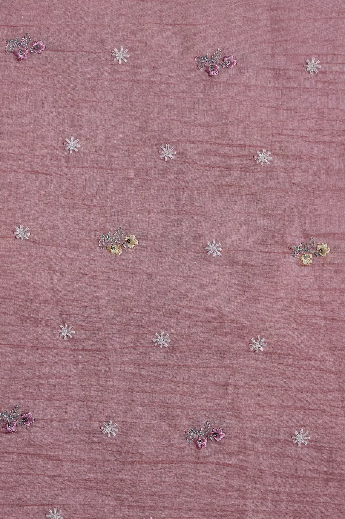 Gorgeous Multi Thread With Sequins Floral Embroidery Work On Pastel Pink Pure Mul Chanderi Silk Fabric - doeraa