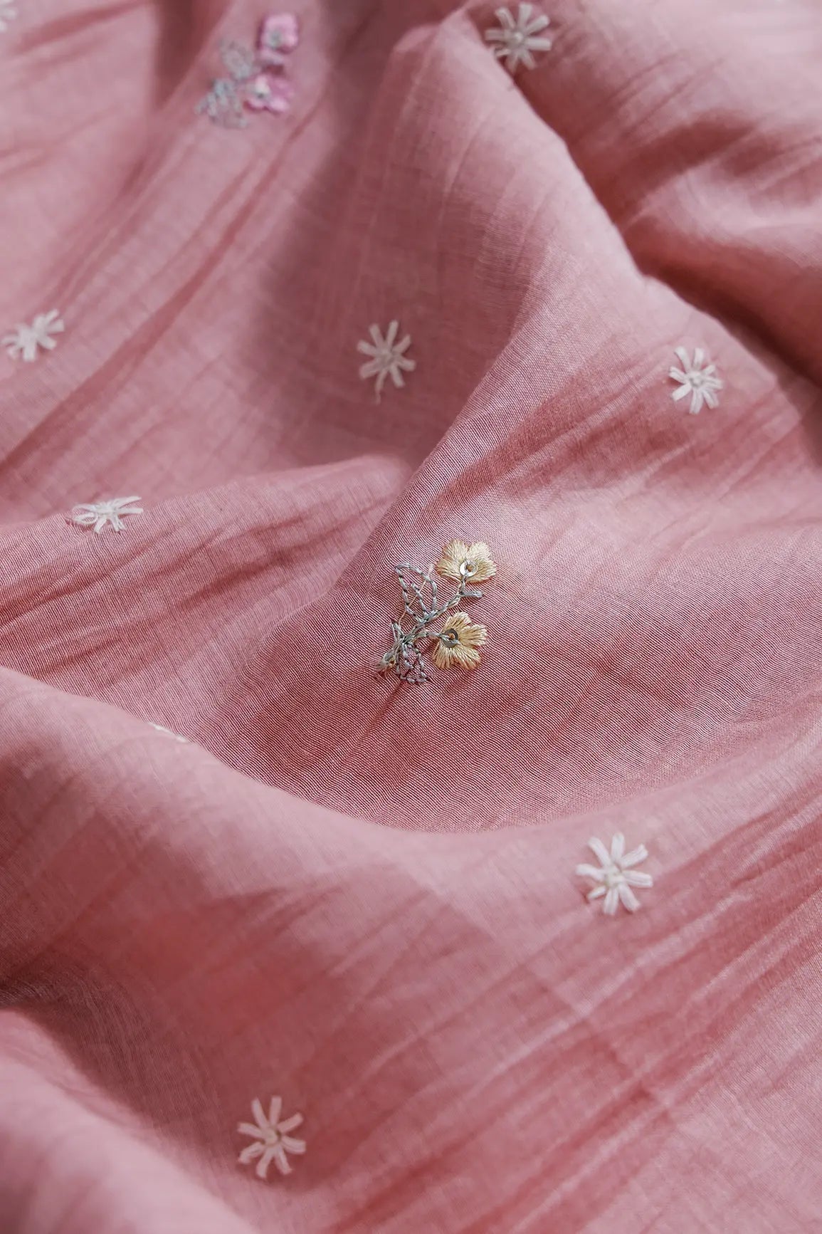 Gorgeous Multi Thread With Sequins Floral Embroidery Work On Pastel Pink Pure Mul Chanderi Silk Fabric - doeraa