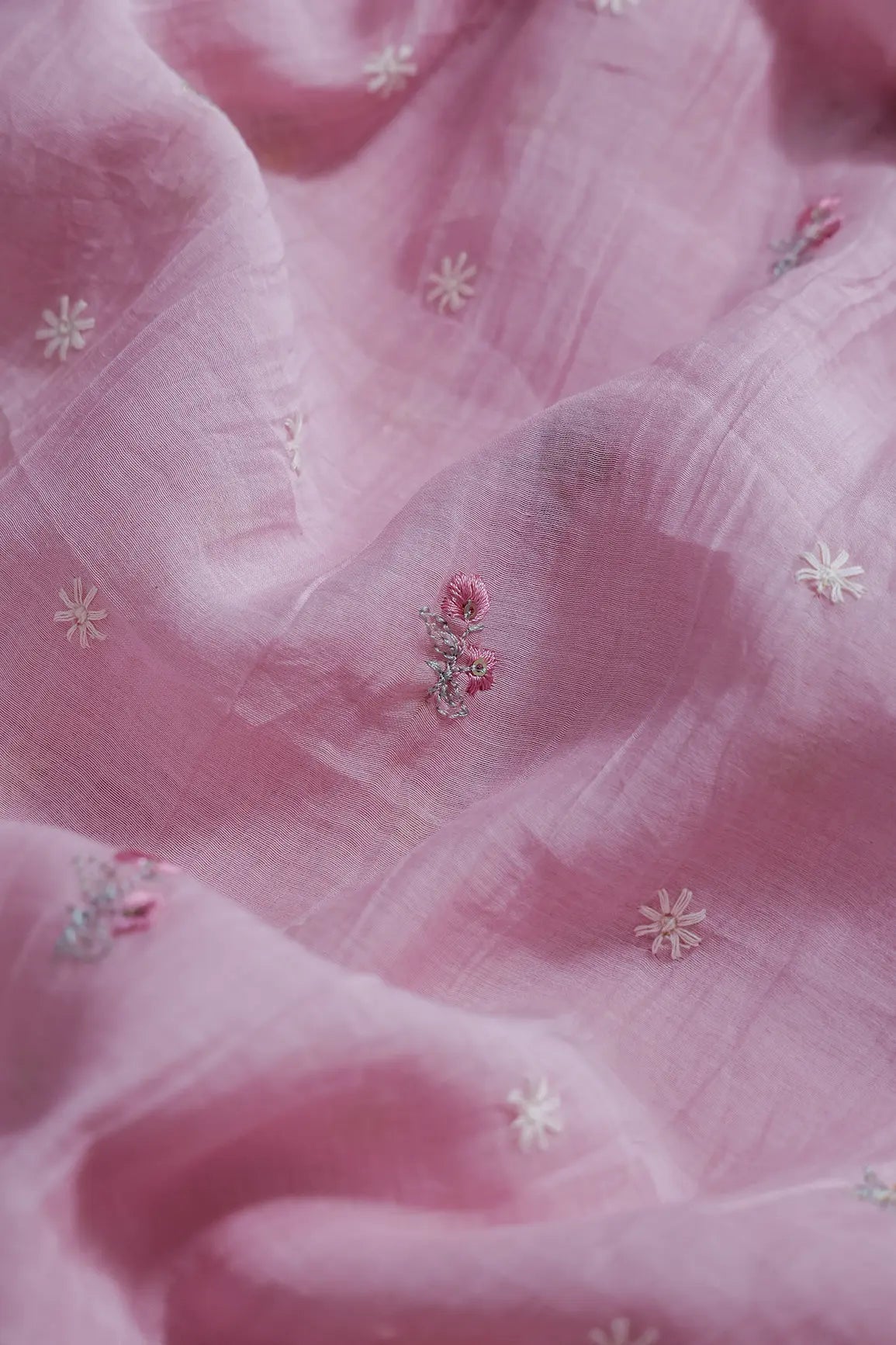 Gorgeous Multi Thread With Sequins Floral Embroidery Work On Pink Pure Mul Chanderi Silk Fabric - doeraa