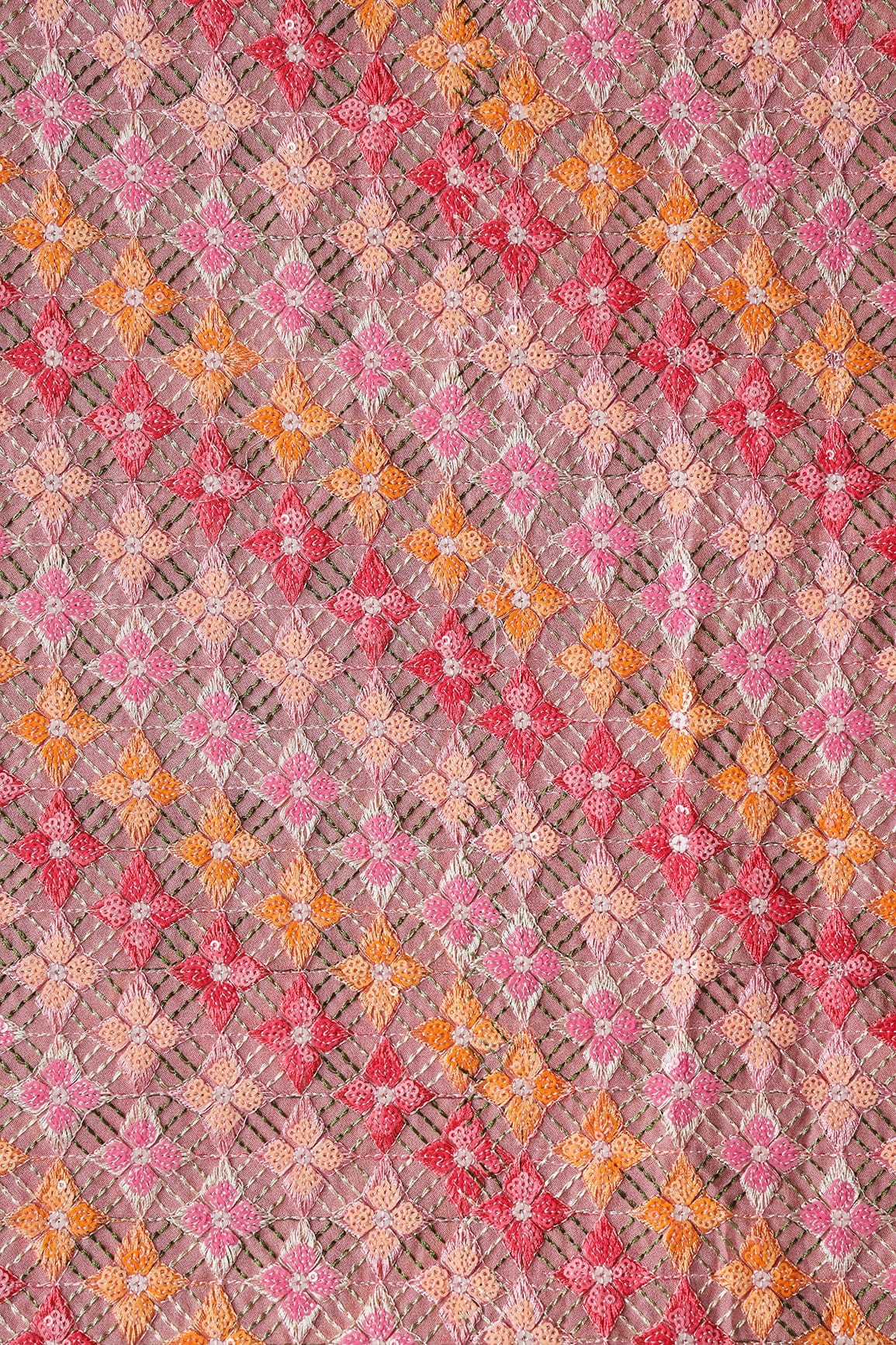 Gorgeous Multi Thread With Sequins Geometric Embroidery On Thulian Pink Viscose Georgette Fabric - doeraa