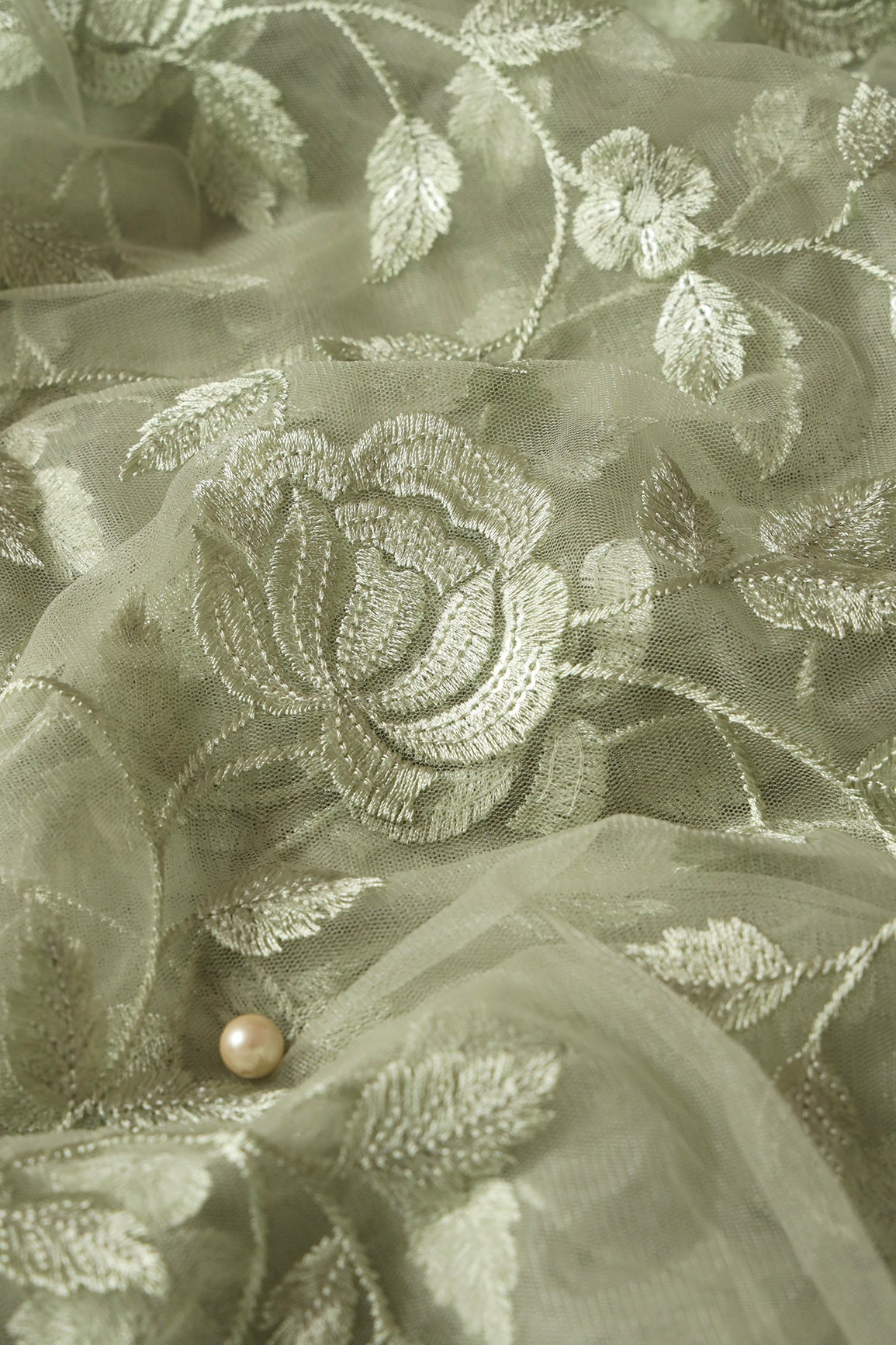 Gorgeous Olive Thread With Sequins Floral Leafy Embroidery On Olive Soft Net Fabric - doeraa