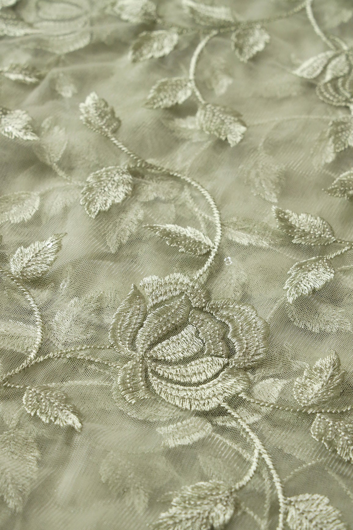 Gorgeous Olive Thread With Sequins Floral Leafy Embroidery On Olive Soft Net Fabric - doeraa