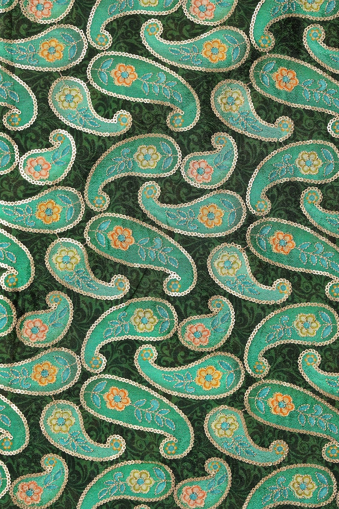 Gorgeous Paisley Position Print On Sequins Embroidery Bottle Green Viscose Chinnon Chiffon Fabric - doeraa