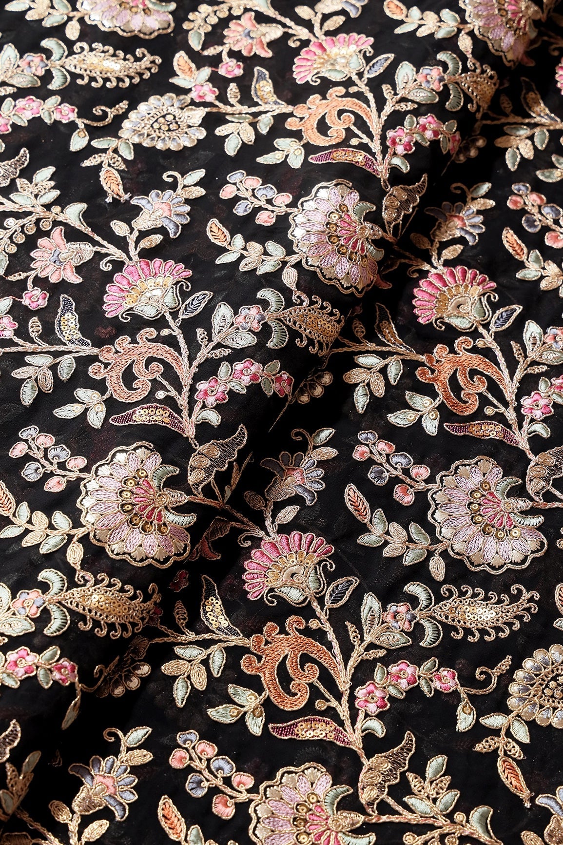 Gorgeous Pastel Threads With Gold Zari Floral Heavy Embroidery On Black Georgette Fabric - doeraa