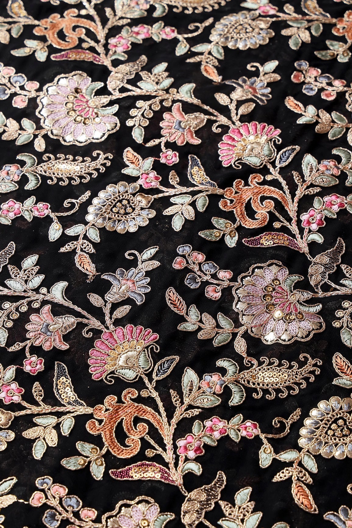 Gorgeous Pastel Threads With Gold Zari Floral Heavy Embroidery On Black Georgette Fabric - doeraa