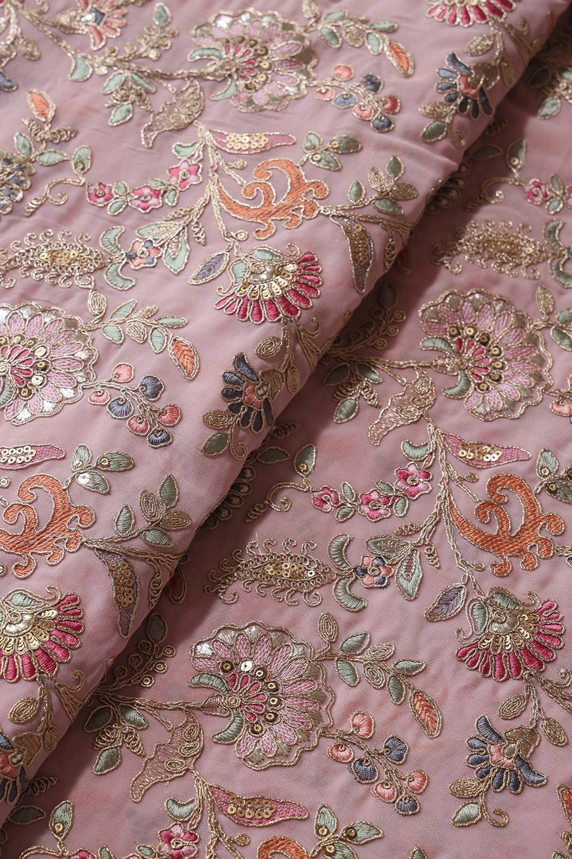 Gorgeous Pastel Threads With Gold Zari Floral Heavy Embroidery On Light Pink Georgette Fabric - doeraa