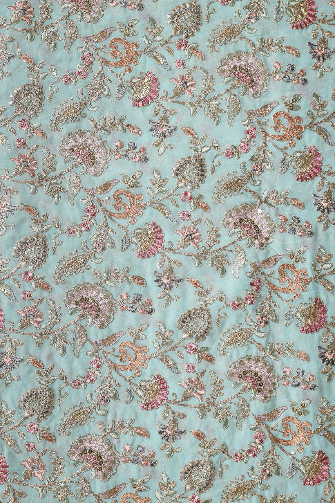 Gorgeous Pastel Threads With Gold Zari Floral Heavy Embroidery On Sky Blue Georgette Fabric - doeraa