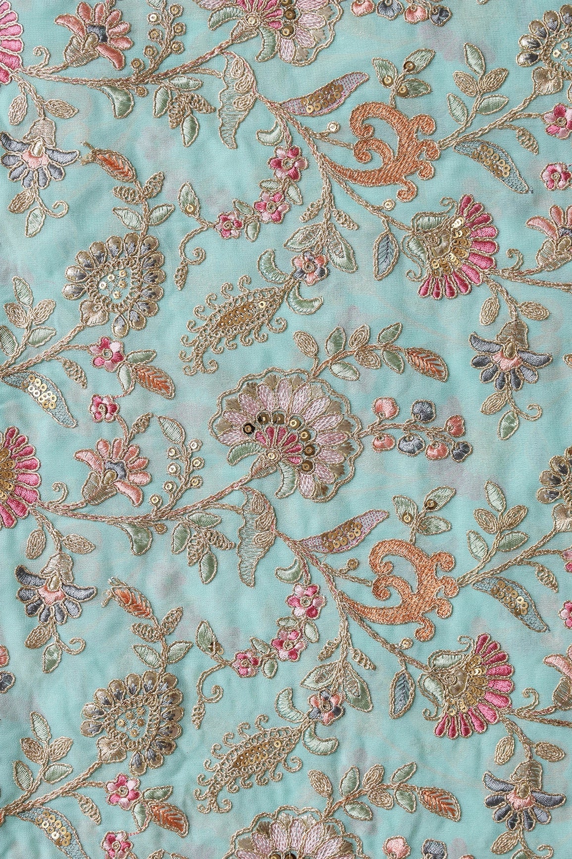 Gorgeous Pastel Threads With Gold Zari Floral Heavy Embroidery On Sky Blue Georgette Fabric - doeraa