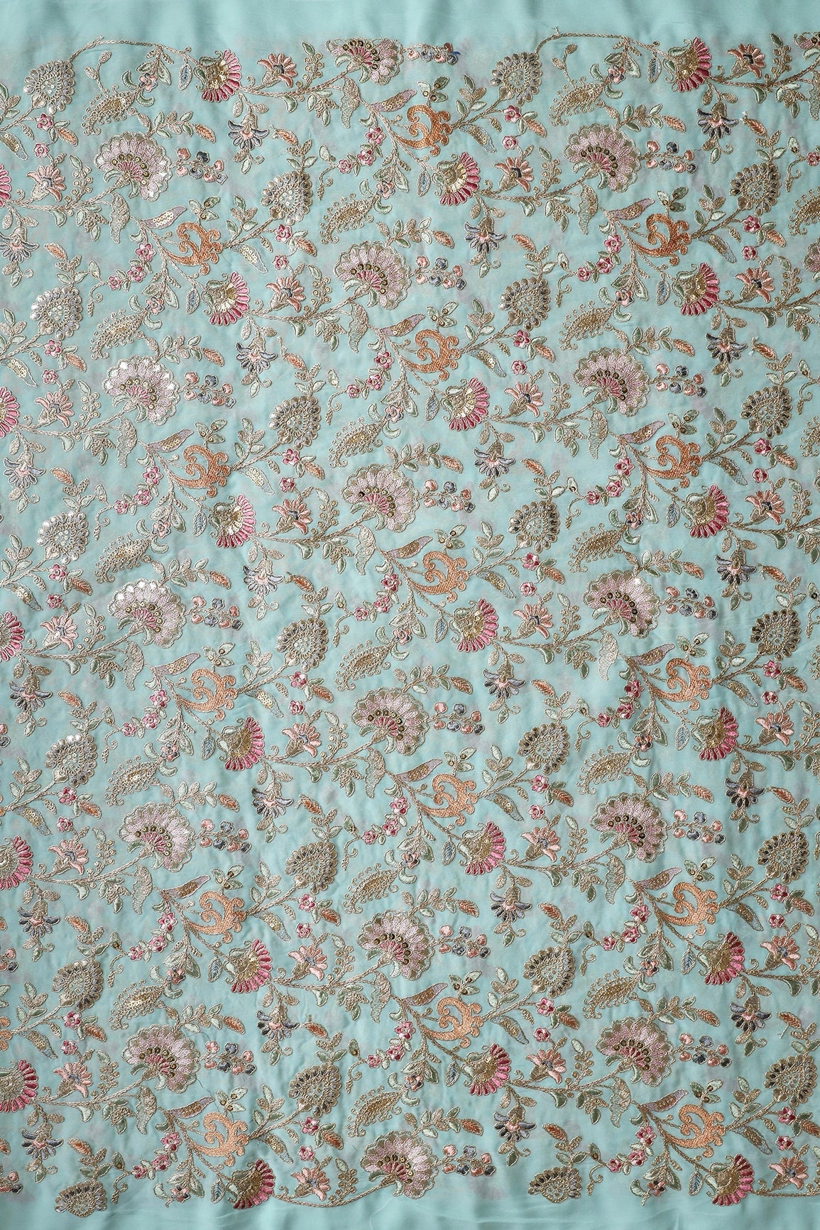 Gorgeous Pastel Threads With Gold Zari Floral Heavy Embroidery On Sky Blue Georgette Fabric - doeraa