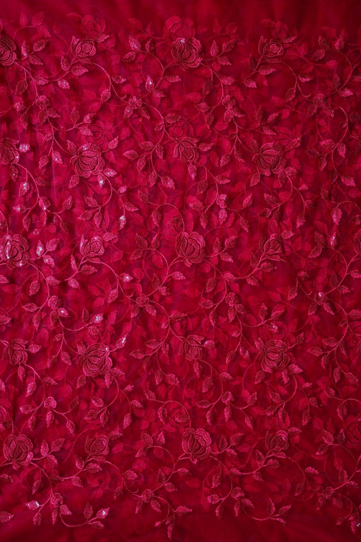 Gorgeous Red Thread With Sequins Floral Leafy Embroidery On Cherry Red Soft Net Fabric - doeraa