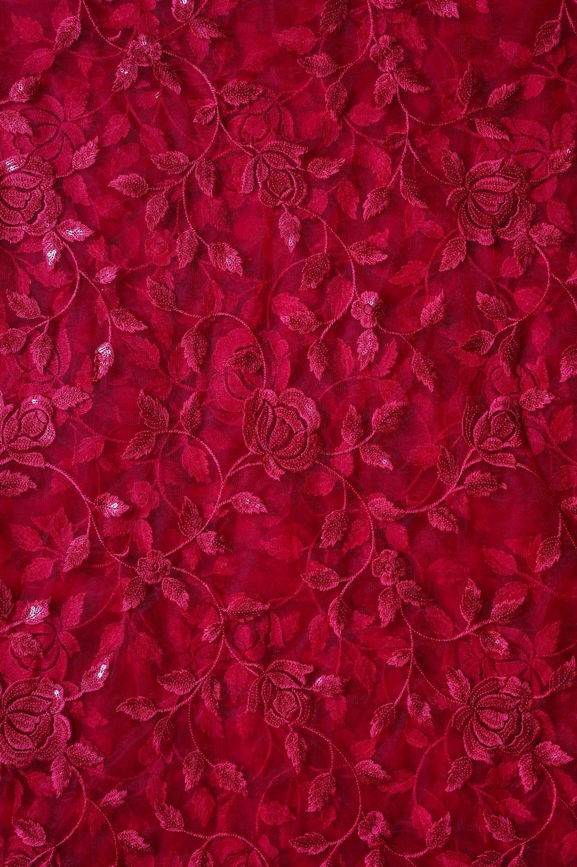 Gorgeous Red Thread With Sequins Floral Leafy Embroidery On Cherry Red Soft Net Fabric - doeraa