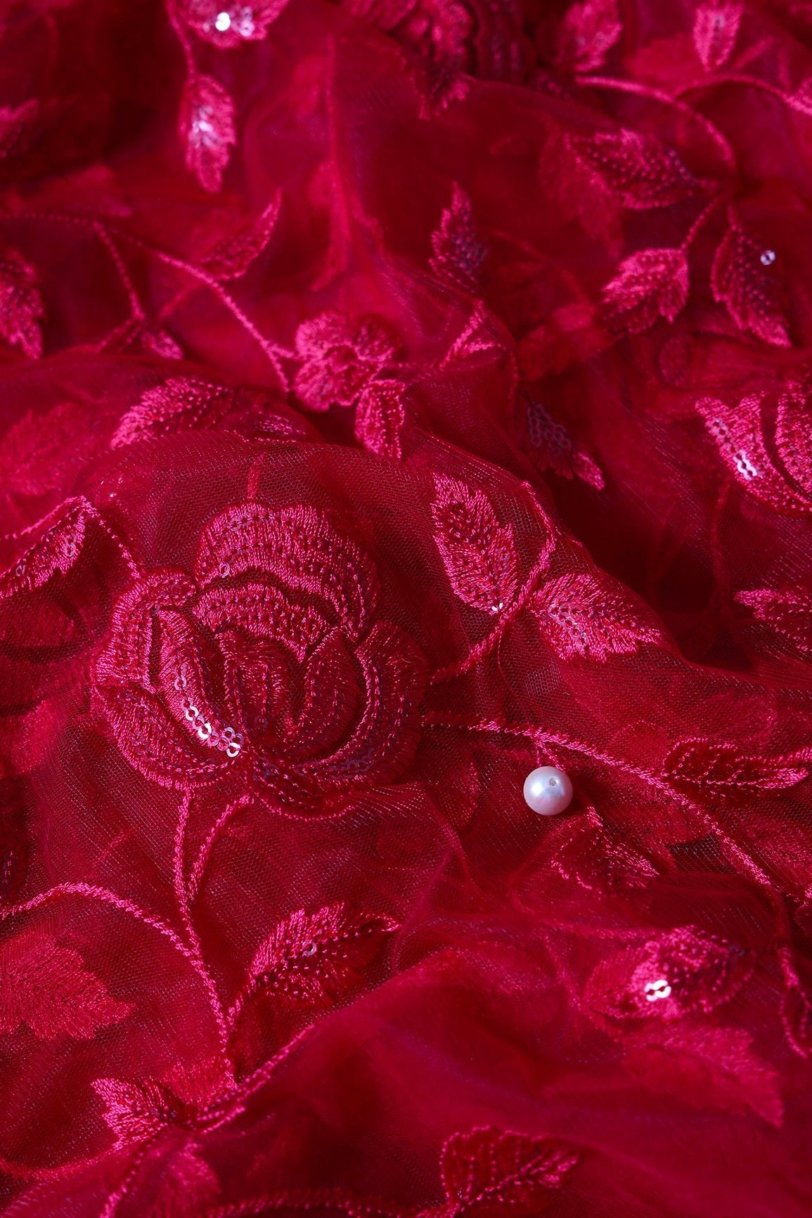 Gorgeous Red Thread With Sequins Floral Leafy Embroidery On Cherry Red Soft Net Fabric - doeraa