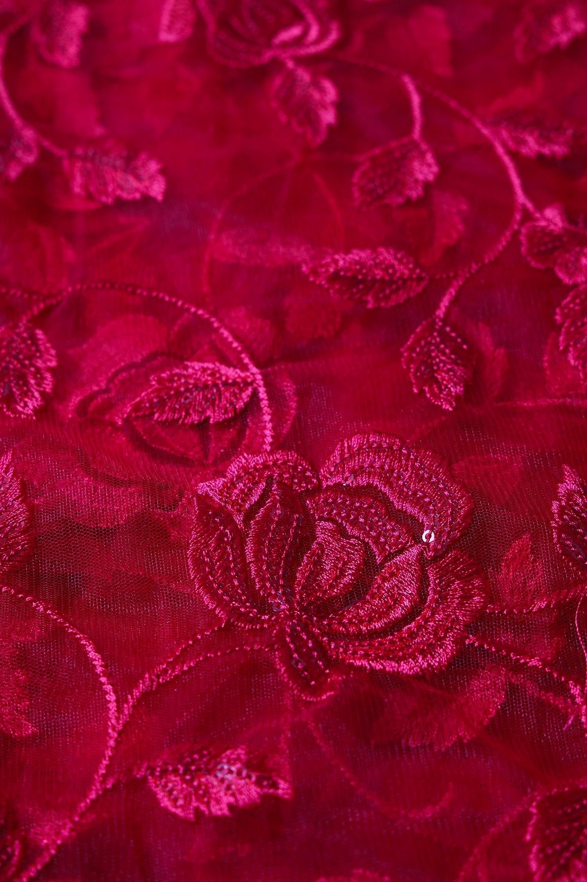 Gorgeous Red Thread With Sequins Floral Leafy Embroidery On Cherry Red Soft Net Fabric - doeraa