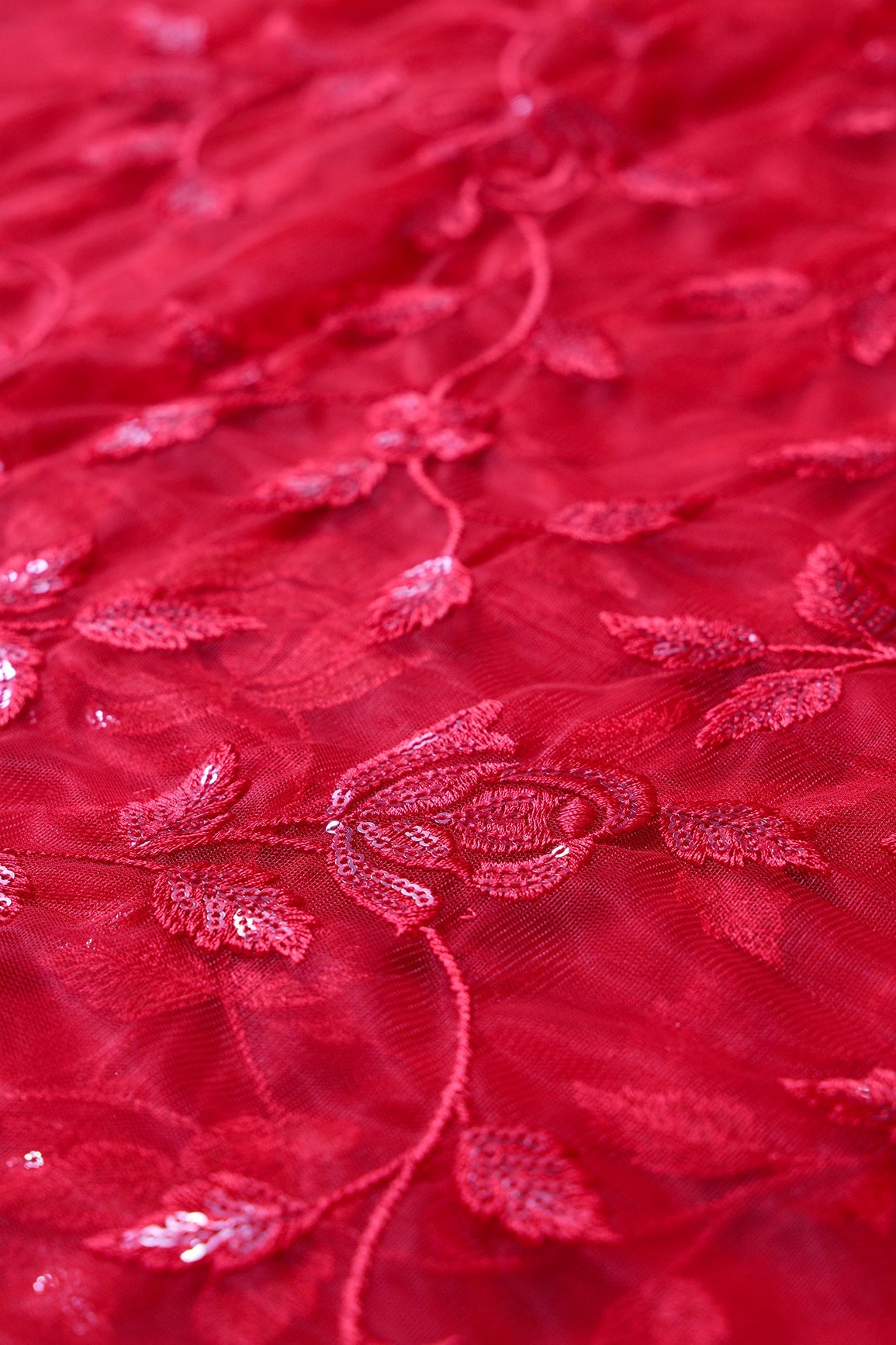 Gorgeous Red Thread With Sequins Floral Leafy Embroidery On Red Soft Net Fabric - doeraa