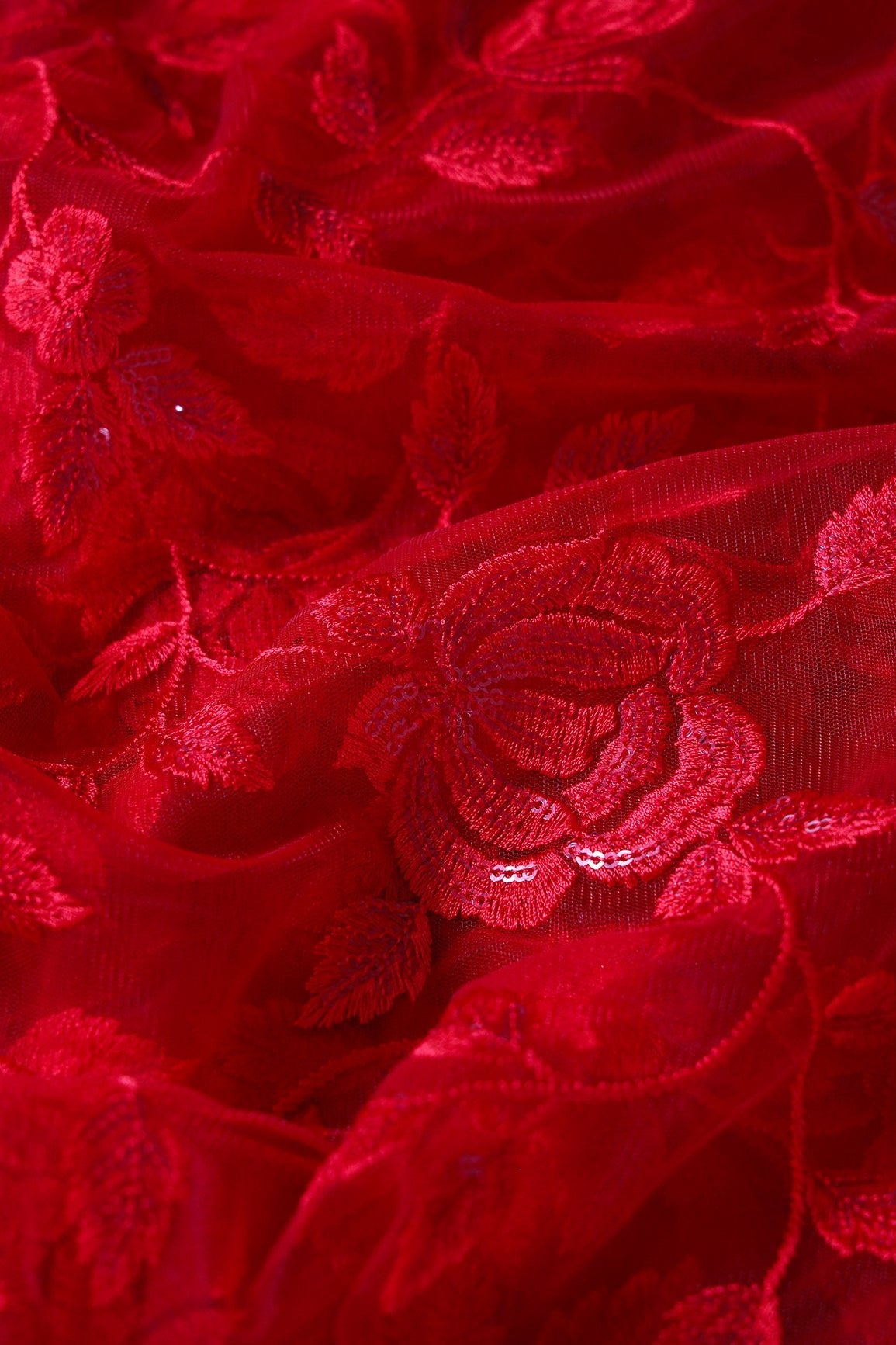 Gorgeous Red Thread With Sequins Floral Leafy Embroidery On Red Soft Net Fabric - doeraa