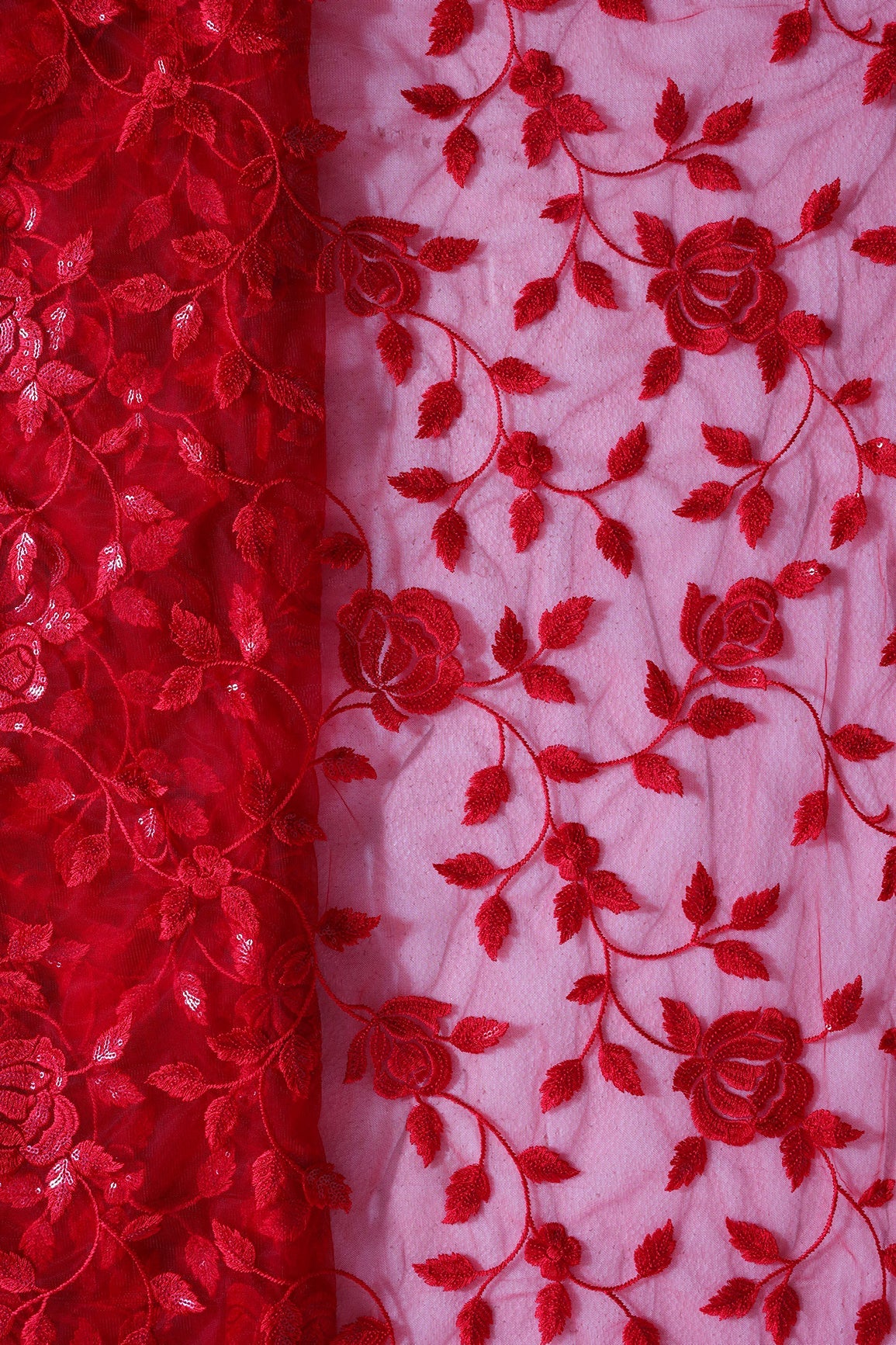 Gorgeous Red Thread With Sequins Floral Leafy Embroidery On Red Soft Net Fabric - doeraa