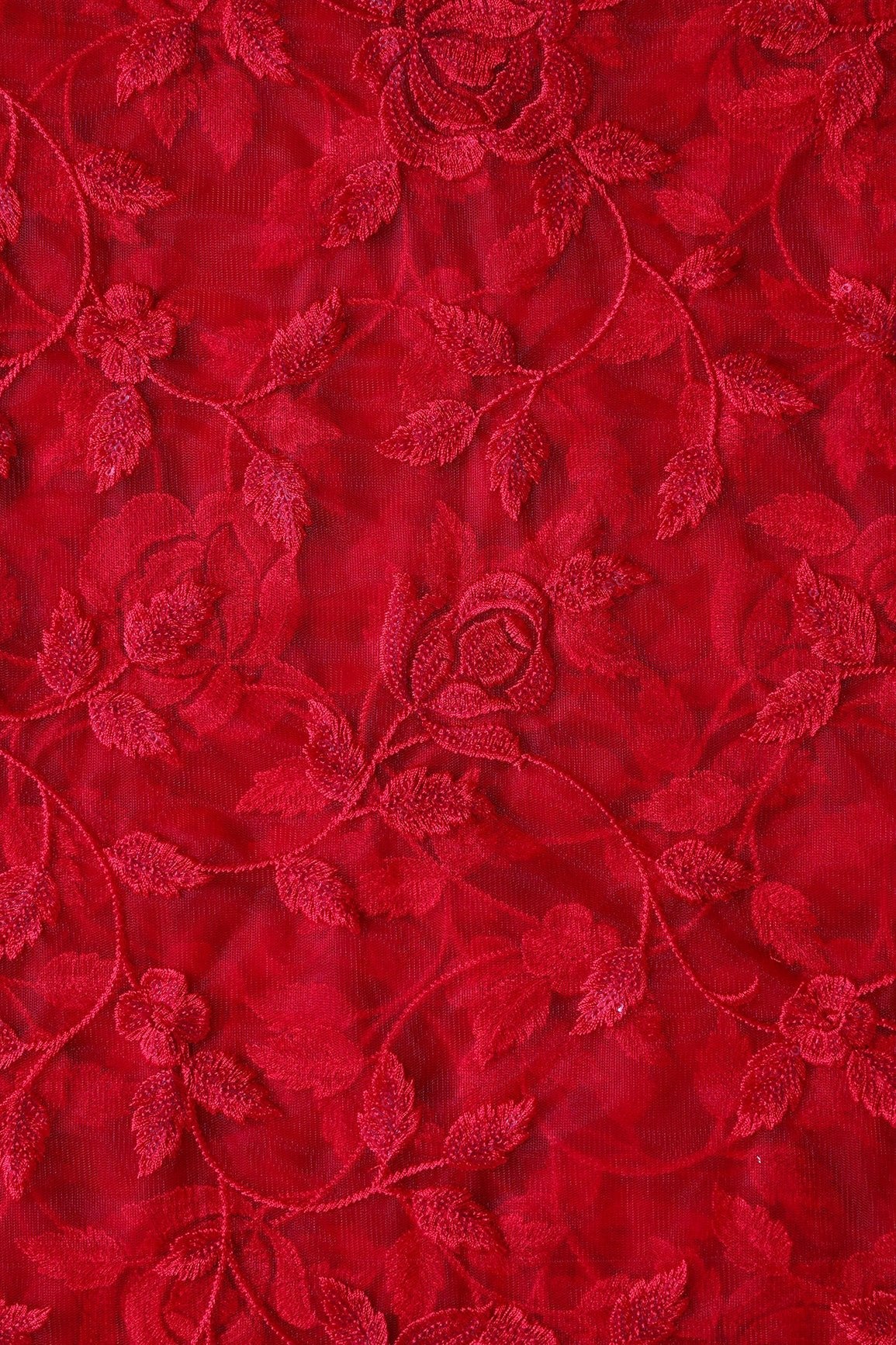 Gorgeous Red Thread With Sequins Floral Leafy Embroidery On Red Soft Net Fabric - doeraa