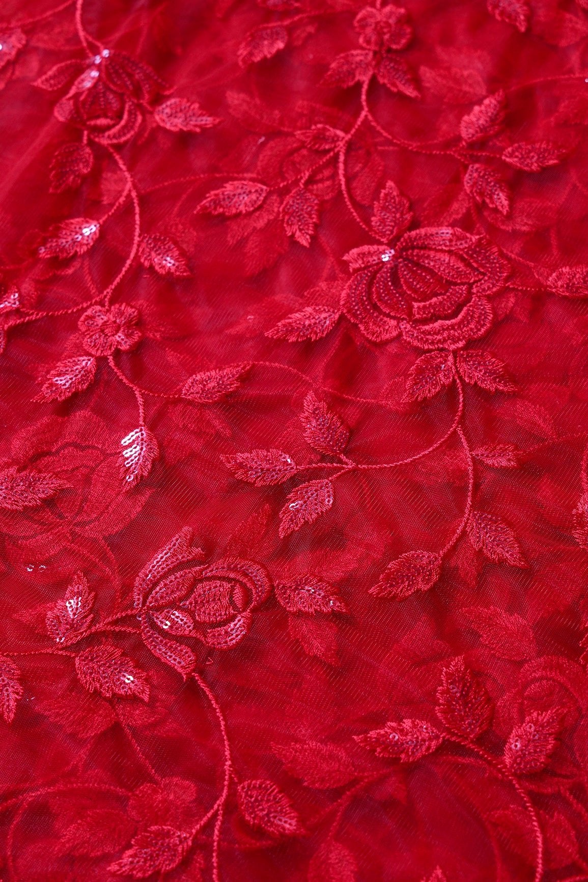 Gorgeous Red Thread With Sequins Floral Leafy Embroidery On Red Soft Net Fabric - doeraa