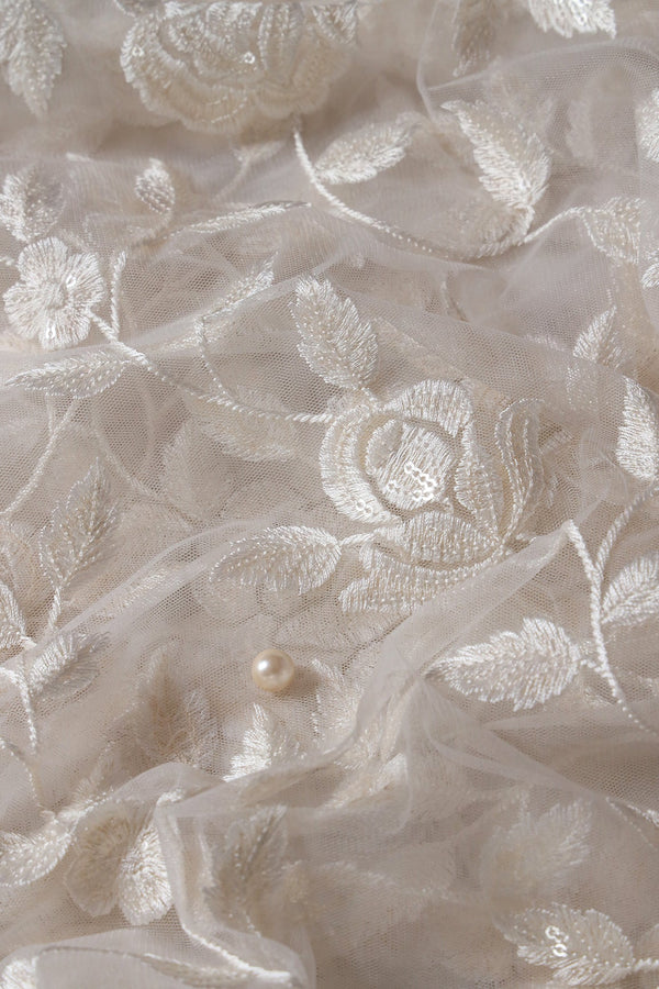 Soft Net Floral Leaf Embroidery on Soft Net Fabric - Elegant Design