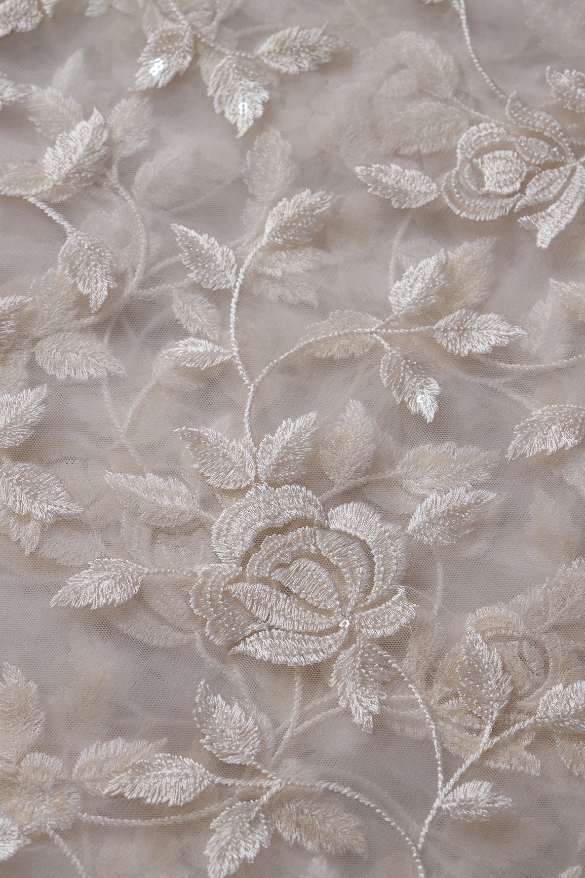 Gorgeous White Thread With Sequins Floral Leafy Embroidery On Dyeable White Soft Net Fabric - doeraa