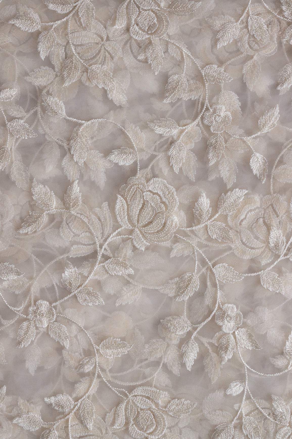 Gorgeous White Thread With Sequins Floral Leafy Embroidery On Dyeable White Soft Net Fabric - doeraa