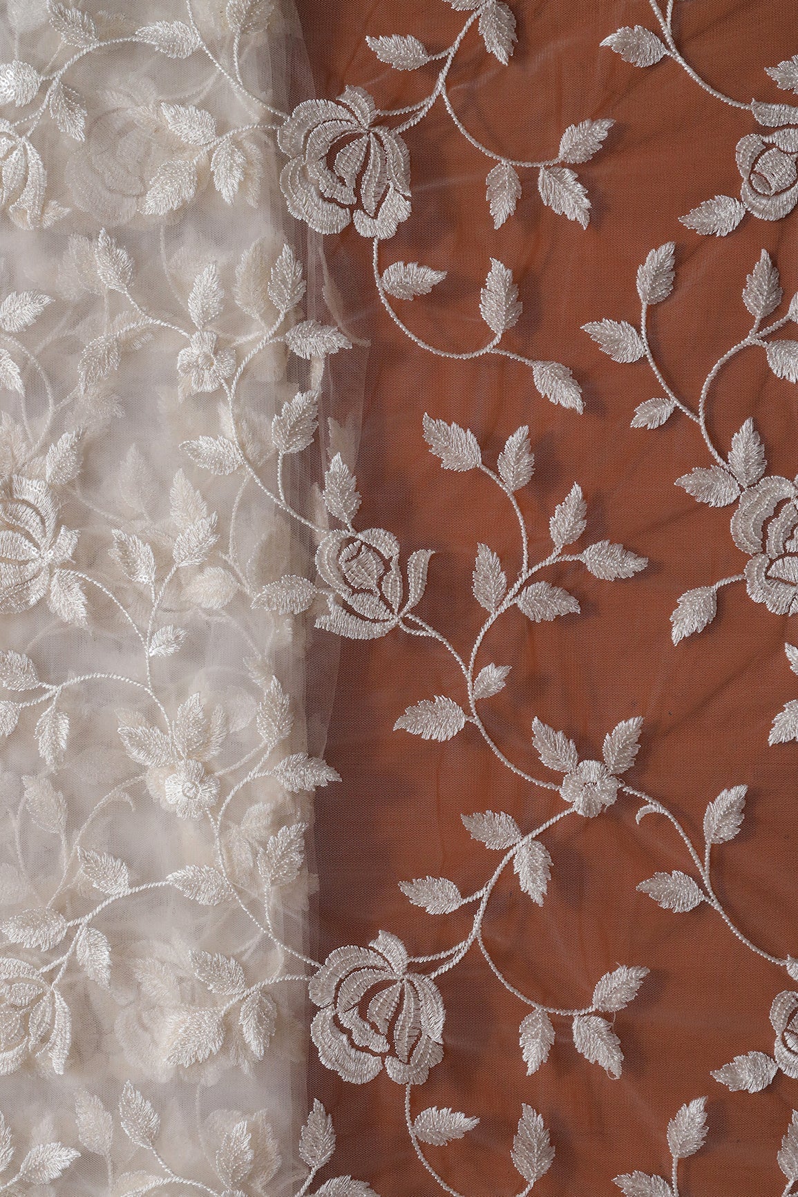 Gorgeous White Thread With Sequins Floral Leafy Embroidery On Dyeable White Soft Net Fabric - doeraa