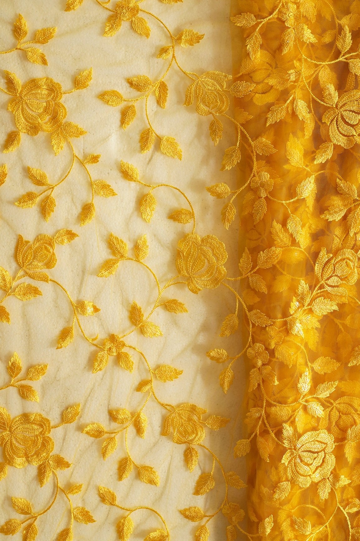 Gorgeous Yellow Thread With Sequins Floral Leafy Embroidery On Mustard Yellow Soft Net Fabric - doeraa